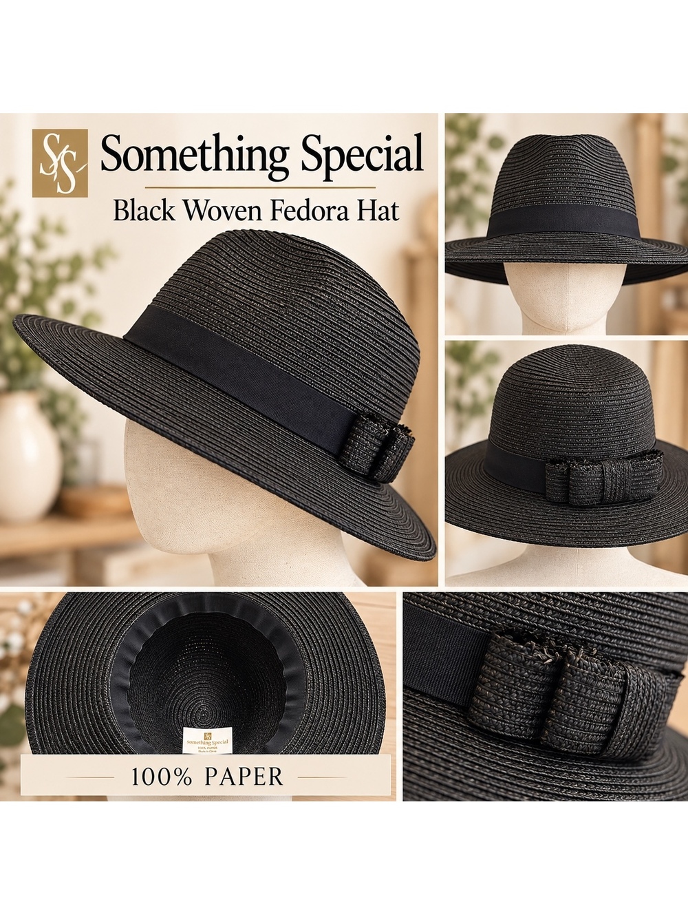 Something Special Black Woven Fedora Hat 100% Paper